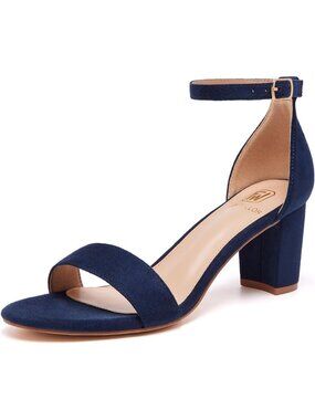 Women's Blue Suede Ankle Strap Open Toe Low Chunky Short Block Heel Sandals